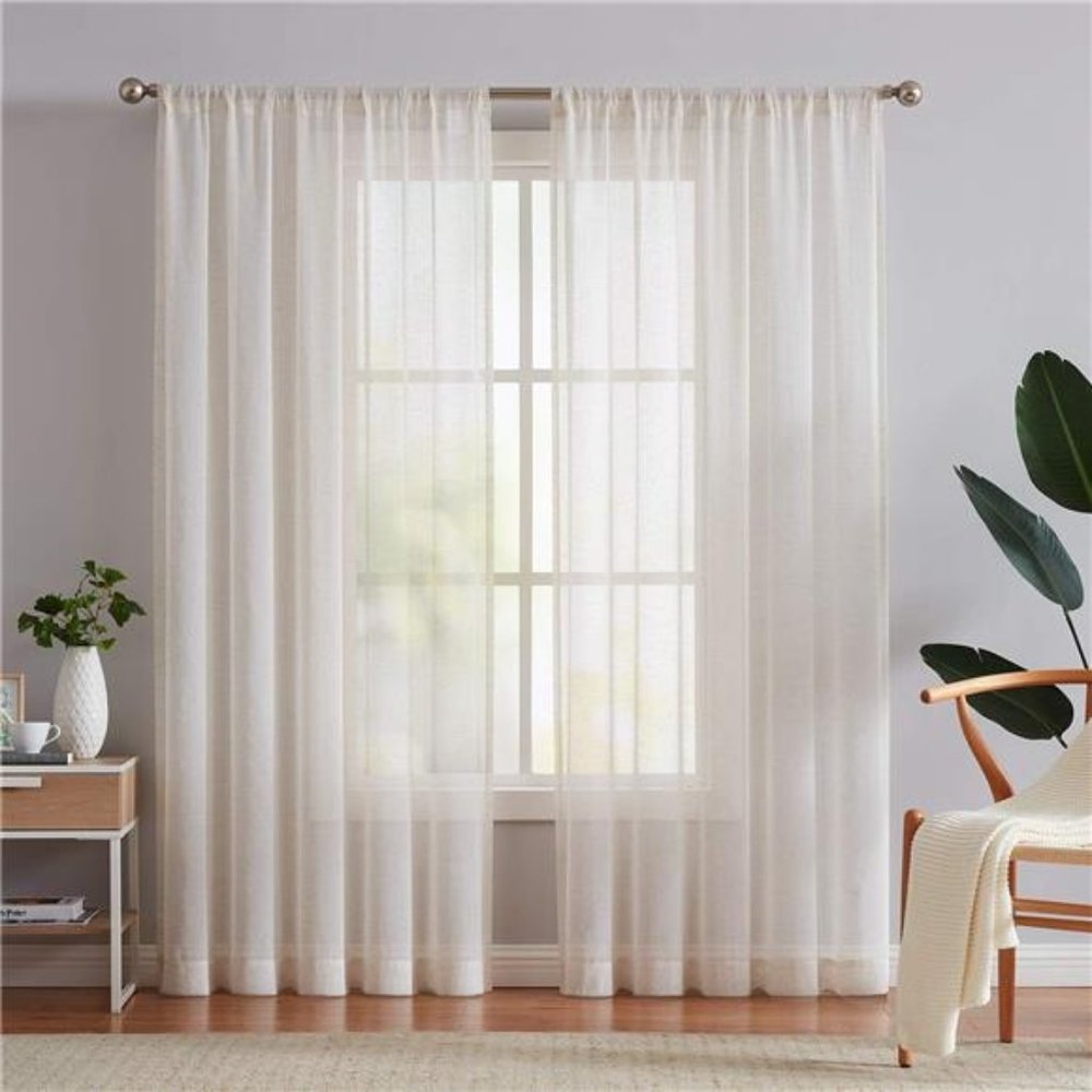 Linen Flax Sheer Curtain Panels 96"-Long Living Room Retro Window Draperies